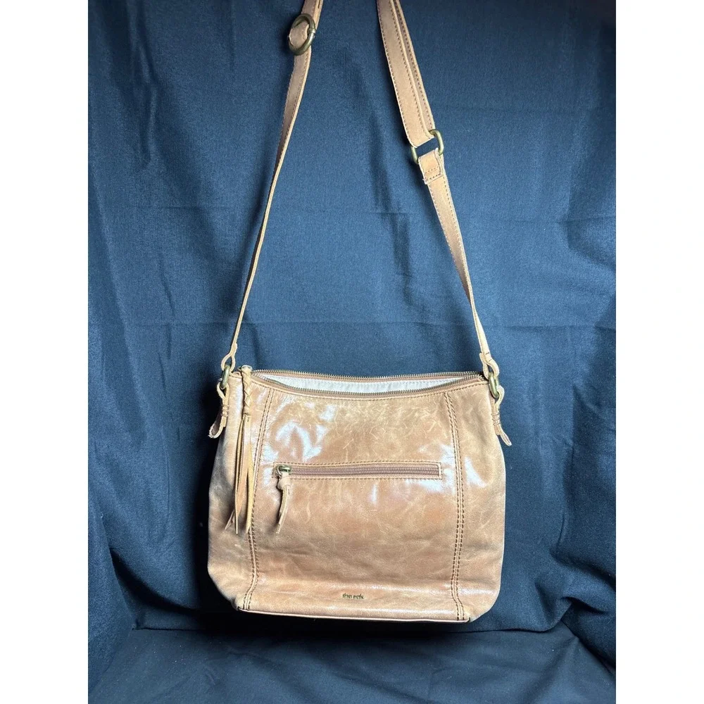 The Sak Tan Leather Embossed Floral Mandala Crossbody Bag Adjustable Strap Brass